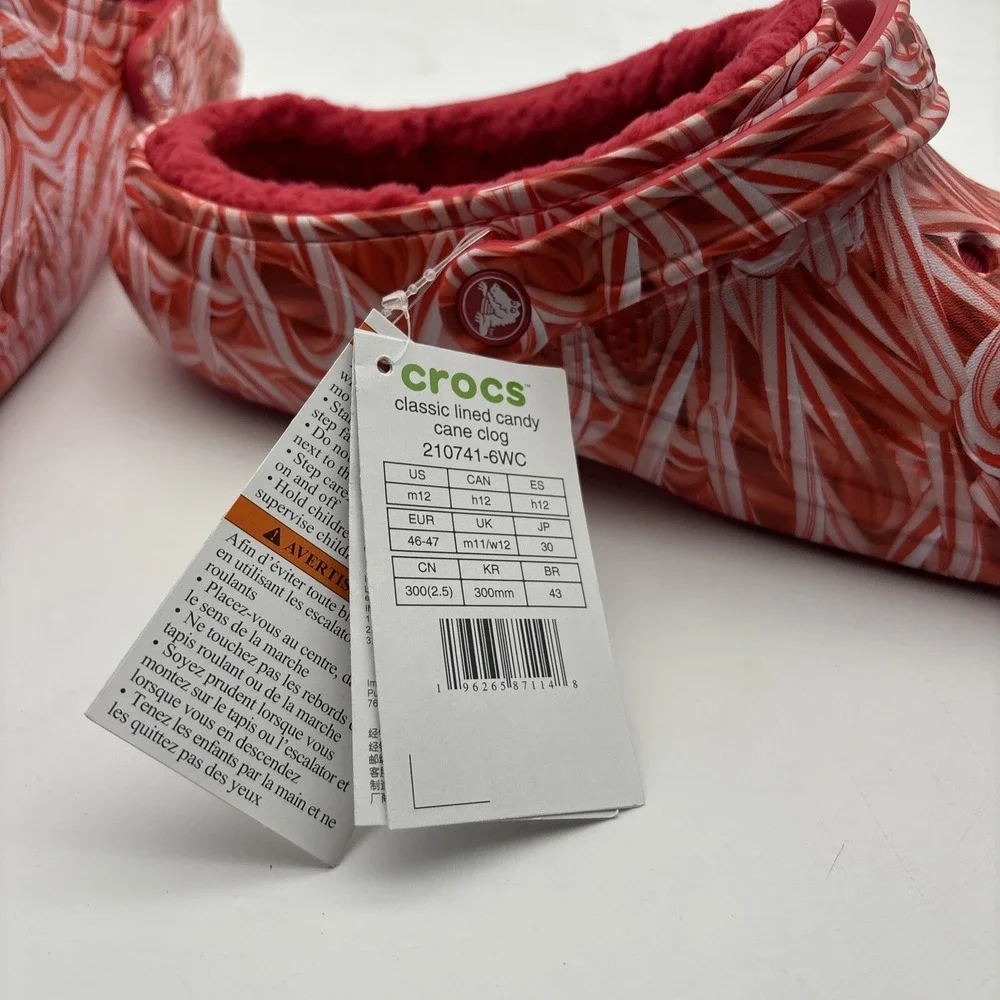 Crocs Classic Lined Candy Cane Clogs Men's Size 12 Red White Christmas Slip On